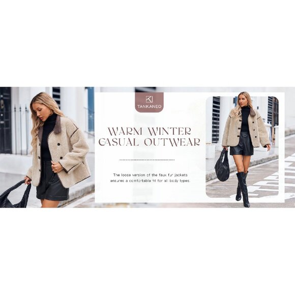 Faux Fur Jacket Women's Winter Coat Button Down Stand Collar Long Sleeve - Picture 8 of 8